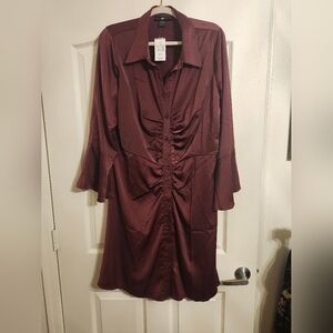 Ashley Stewart Maroon Long Sleeve Ruched Dress